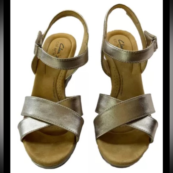 Clarks Tulip Gem Womens Wedge Heel Sandal Metallic Strappy Platform Prom Sz 9 M - Picture 3 of 10